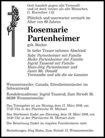 Traueranzeige von Rosemarie Partenheimer von SAARBRÜCKER ZEITUNG