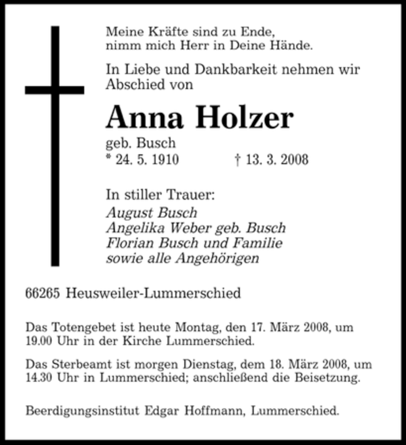  Traueranzeige für Anna Holzer vom 17.03.2008 aus SAARBRÜCKER ZEITUNG