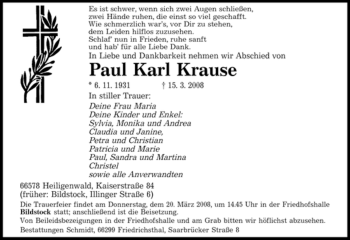 Traueranzeige von Paul Karl Krause von SAARBRÜCKER ZEITUNG