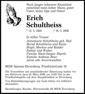 Traueranzeige von Erich Schultheiss von SAARBRÜCKER ZEITUNG