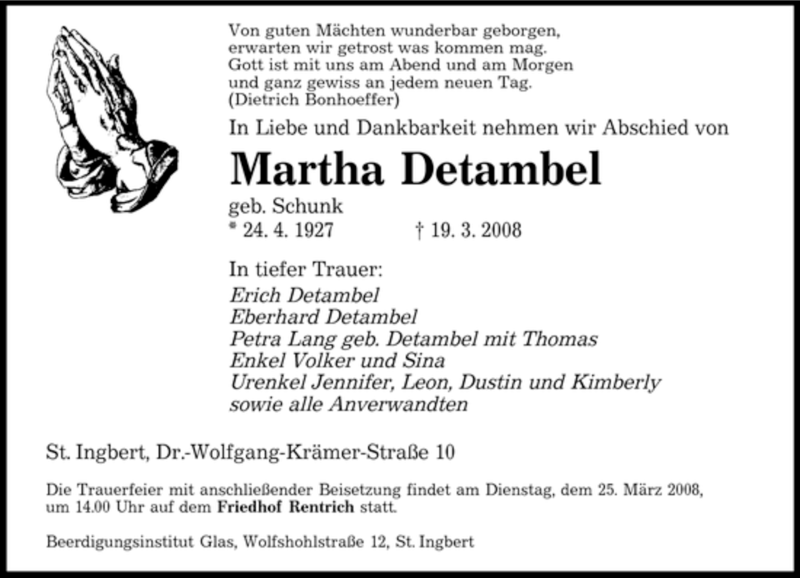  Traueranzeige für Martha Detambel vom 22.03.2008 aus SAARBRÜCKER ZEITUNG