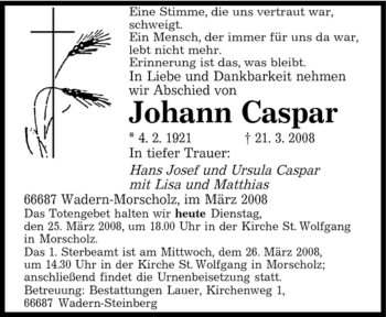 Traueranzeige von Johann Caspar von SAARBRÜCKER ZEITUNG