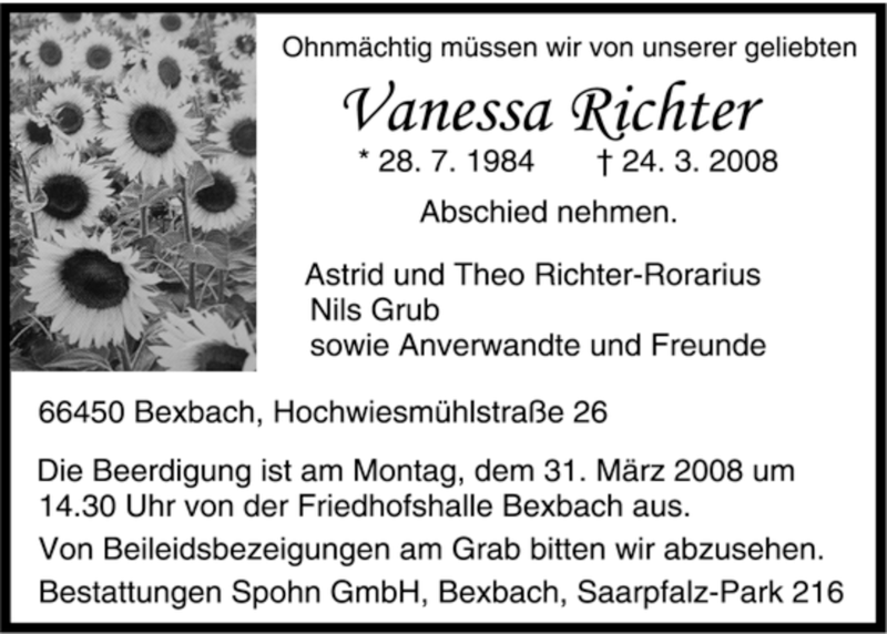  Traueranzeige für Vanessa Richter vom 28.03.2008 aus SAARBRÜCKER ZEITUNG