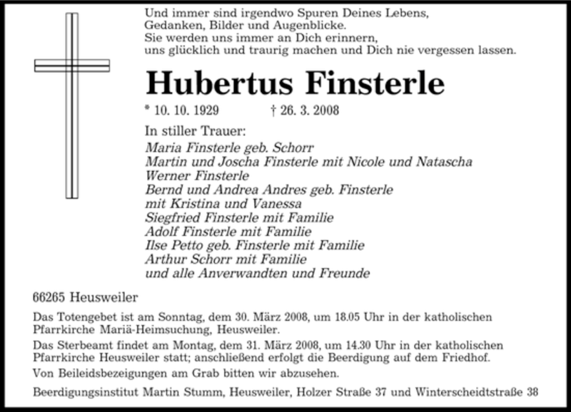  Traueranzeige für Hubertus Finsterle vom 29.03.2008 aus SAARBRÜCKER ZEITUNG