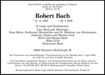 Traueranzeige von Robert Bach von SAARBRÜCKER ZEITUNG