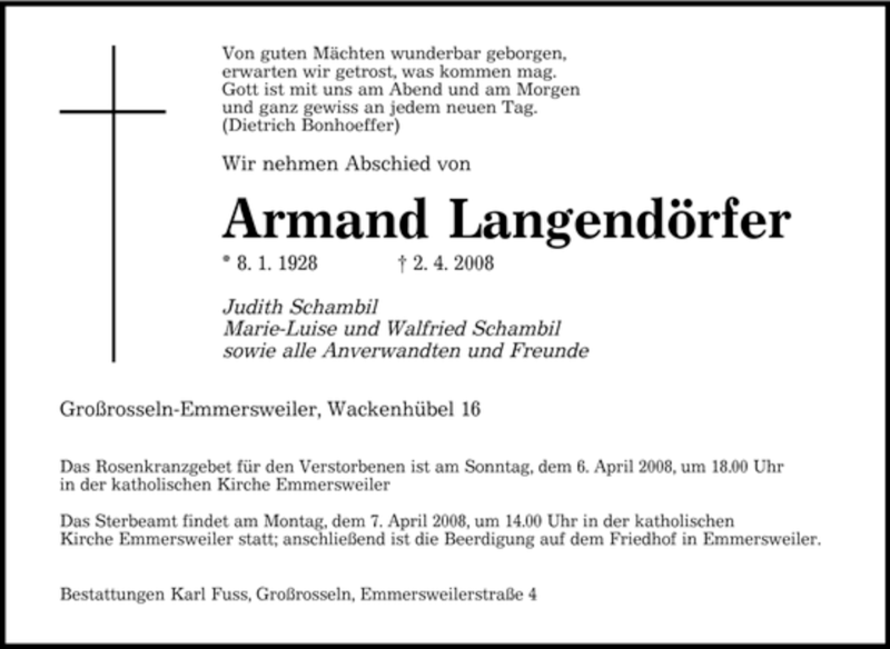  Traueranzeige für Armand Langendörfer vom 05.04.2008 aus SAARBRÜCKER ZEITUNG