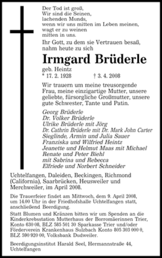  Traueranzeige für Irmgard Brüderle vom 05.04.2008 aus SAARBRÜCKER ZEITUNG
