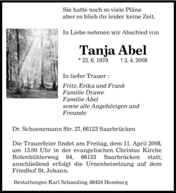 Traueranzeige von Tanja Abel von SAARBRÜCKER ZEITUNG