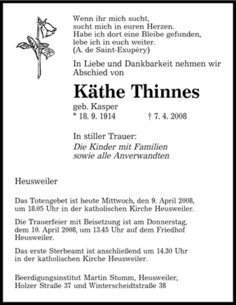  Traueranzeige für Käthe Thinnes vom 09.04.2008 aus SAARBRÜCKER ZEITUNG