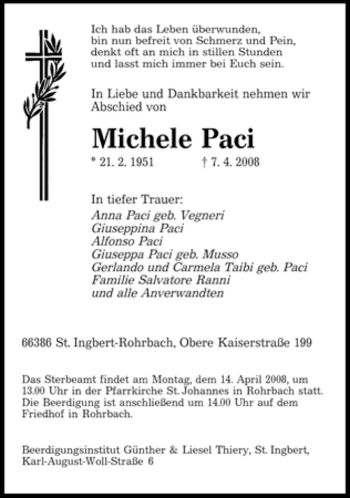 Traueranzeigen von Michele Paci Saarbruecker Zeitung.Trauer.de