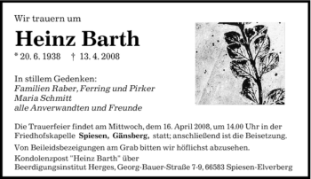 Traueranzeige von Heinz Barth von SAARBRÜCKER ZEITUNG