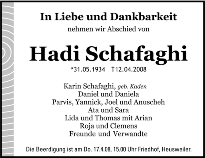  Traueranzeige für Hadi Schafaghi vom 15.04.2008 aus SAARBRÜCKER ZEITUNG