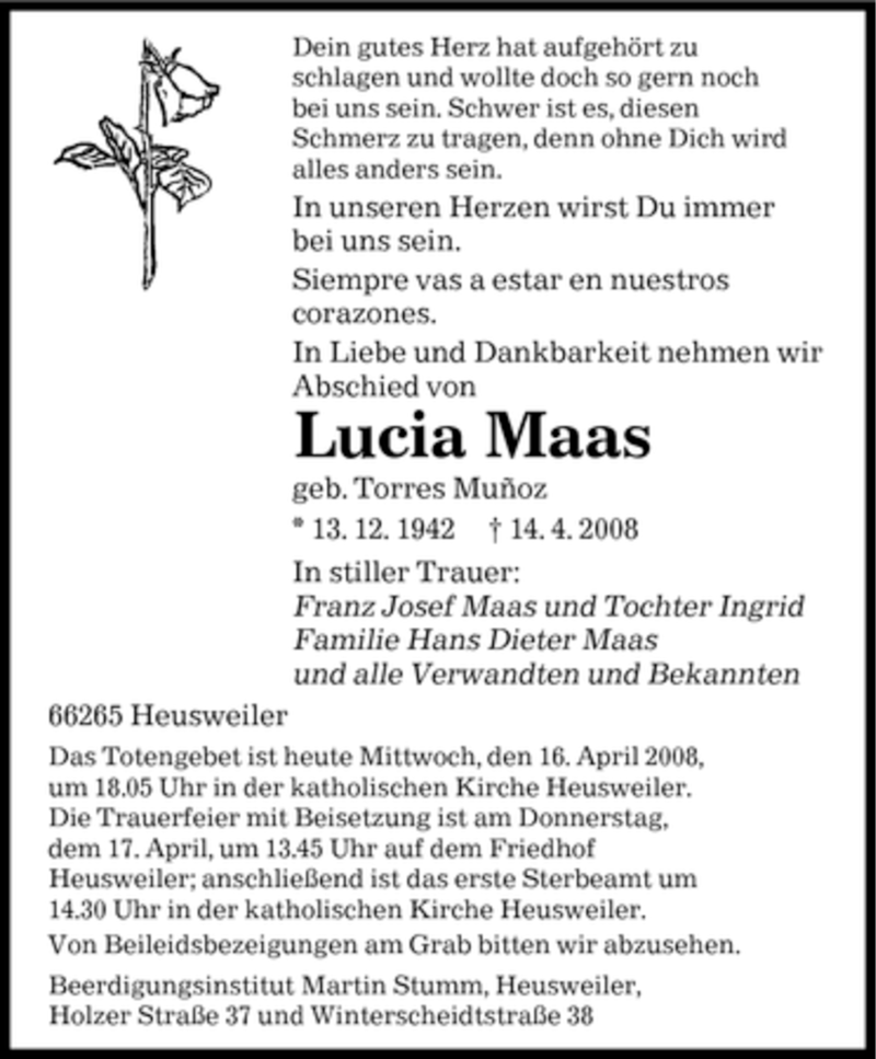  Traueranzeige für Lucia Maas vom 16.04.2008 aus SAARBRÜCKER ZEITUNG