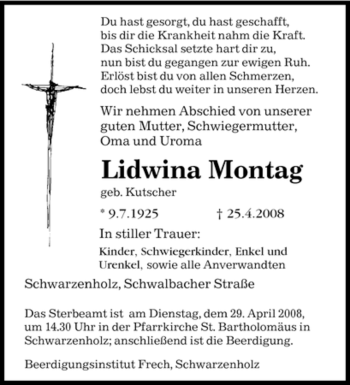 Traueranzeige von Lidwina Montag von SAARBRÜCKER ZEITUNG