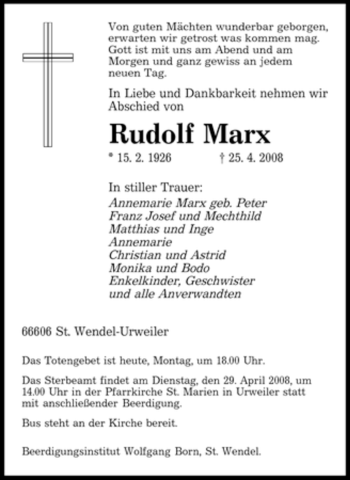 Traueranzeige von Rudolf Marx von SAARBRÜCKER ZEITUNG