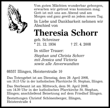 Traueranzeige von Theresia Schorr von SAARBRÜCKER ZEITUNG