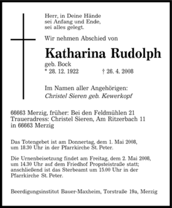 Traueranzeige von Katharina Rudolph von SAARBRÜCKER ZEITUNG
