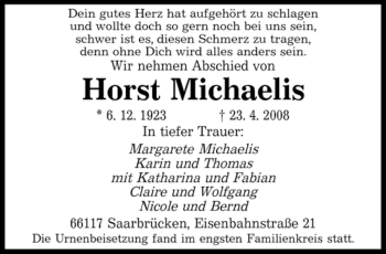 Traueranzeige von Horst Michaelis von SAARBRÜCKER ZEITUNG