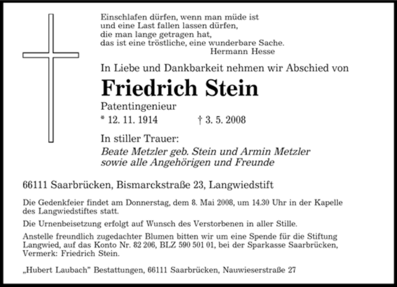  Traueranzeige für Friedrich Stein vom 07.05.2008 aus SAARBRÜCKER ZEITUNG