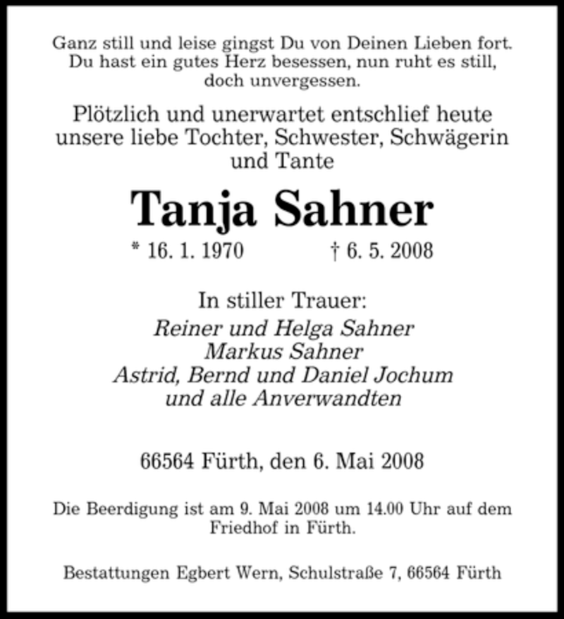  Traueranzeige für Tanja Sahner vom 08.05.2008 aus SAARBRÜCKER ZEITUNG