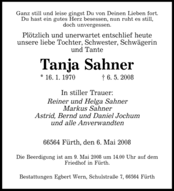 Traueranzeige von Tanja Sahner von SAARBRÜCKER ZEITUNG