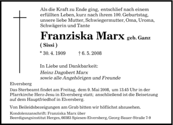 Traueranzeige von Franziska Marx von SAARBRÜCKER ZEITUNG