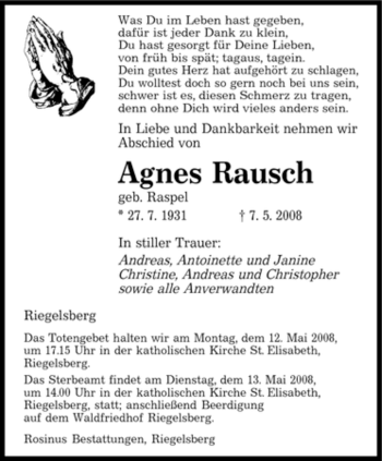 Traueranzeige von Agnes Rausch von SAARBRÜCKER ZEITUNG