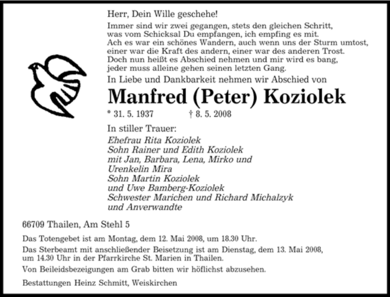 Traueranzeige für Manfred Koziolek vom 10.05.2008 aus SAARBRÜCKER ZEITUNG