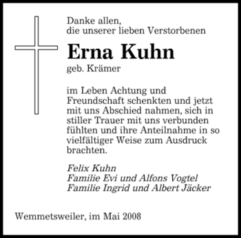 Traueranzeige von Erna Kuhn von SAARBRÜCKER ZEITUNG