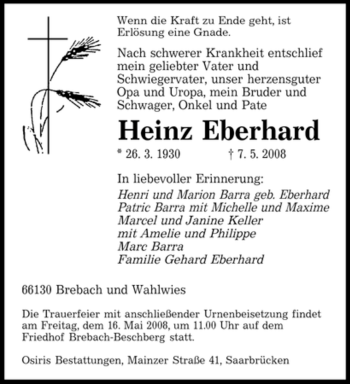 Traueranzeige von Heinz Eberhard von SAARBRÜCKER ZEITUNG