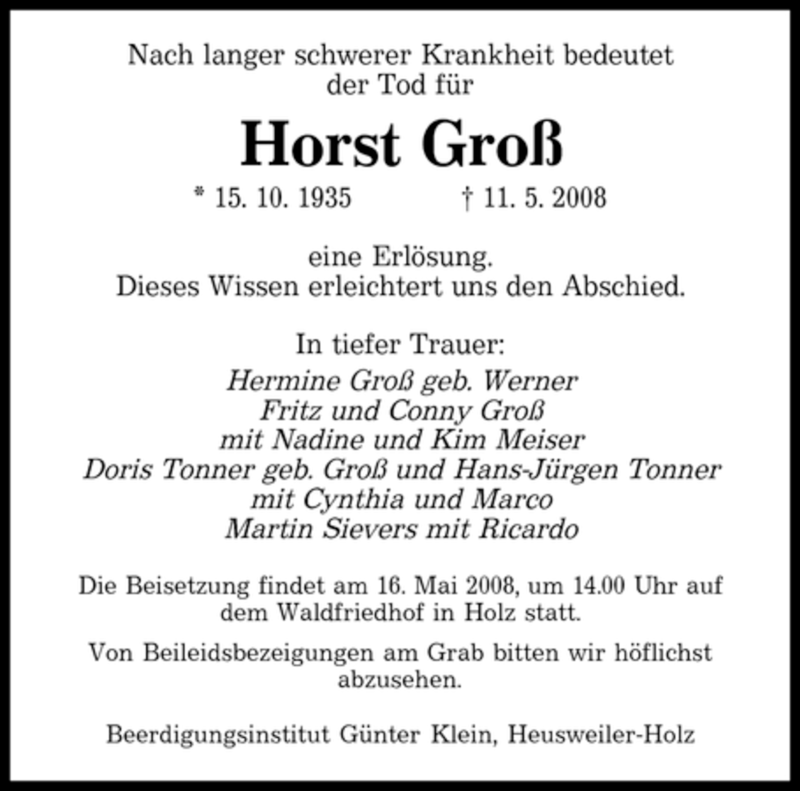  Traueranzeige für Horst Groß vom 14.05.2008 aus SAARBRÜCKER ZEITUNG