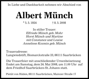 Traueranzeige von Albert Münch von SAARBRÜCKER ZEITUNG