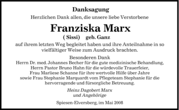 Traueranzeige von Franziska Marx von SAARBRÜCKER ZEITUNG