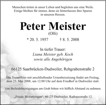 Traueranzeige von Peter Meister von SAARBRÜCKER ZEITUNG