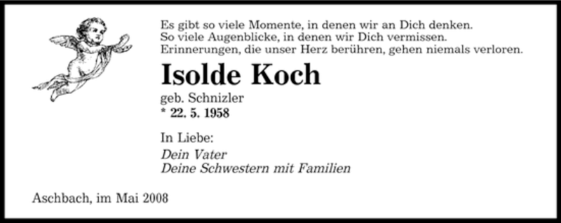  Traueranzeige für Isolde Koch vom 21.05.2008 aus SAARBRÜCKER ZEITUNG