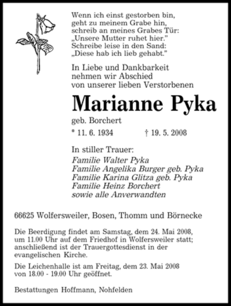  Traueranzeige für Marianne Pyka vom 21.05.2008 aus SAARBRÜCKER ZEITUNG