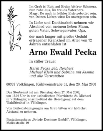 Traueranzeige von Arno Ewald Pecka von SAARBRÜCKER ZEITUNG