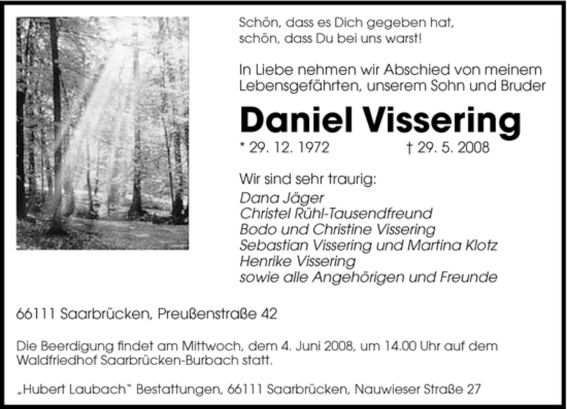  Traueranzeige für Daniel Vissering vom 31.05.2008 aus SAARBRÜCKER ZEITUNG