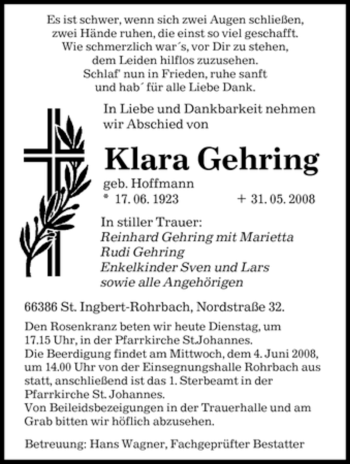 Traueranzeige von Klara Gehring von SAARBRÜCKER ZEITUNG
