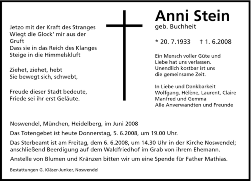  Traueranzeige für Anni Stein vom 05.06.2008 aus SAARBRÜCKER ZEITUNG