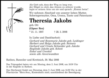 Traueranzeige von Theresia Jakobs von SAARBRÜCKER ZEITUNG