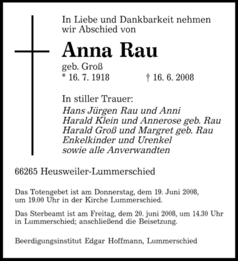  Traueranzeige für Anna Rau vom 18.06.2008 aus SAARBRÜCKER ZEITUNG
