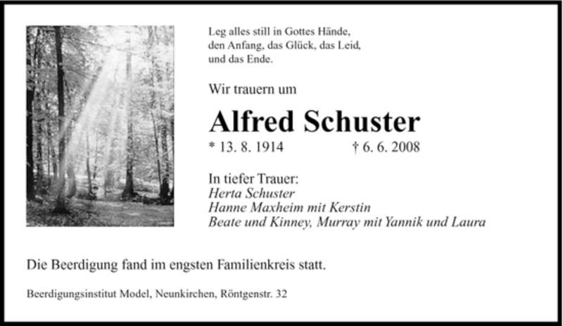  Traueranzeige für Alfred Schuster vom 21.06.2008 aus SAARBRÜCKER ZEITUNG