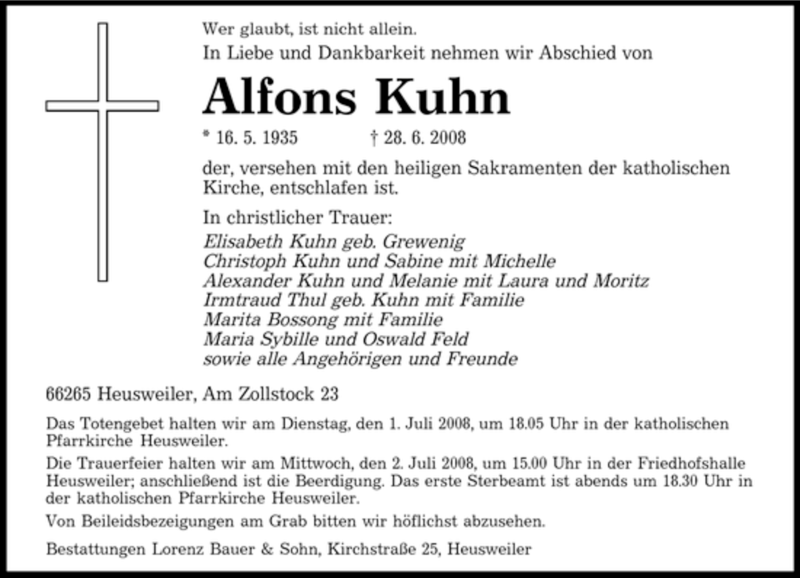  Traueranzeige für Alfons Kuhn vom 30.06.2008 aus SAARBRÜCKER ZEITUNG