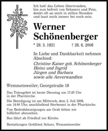 Traueranzeige von Werner Schönenberger von SAARBRÜCKER ZEITUNG