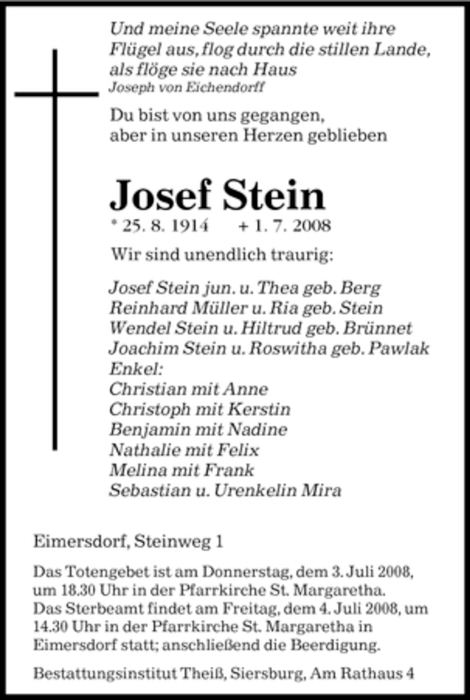  Traueranzeige für Josef Stein vom 03.07.2008 aus SAARBRÜCKER ZEITUNG
