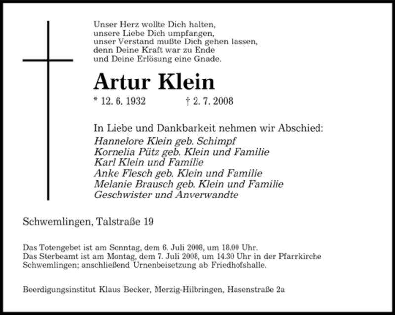  Traueranzeige für Artur Klein vom 04.07.2008 aus SAARBRÜCKER ZEITUNG
