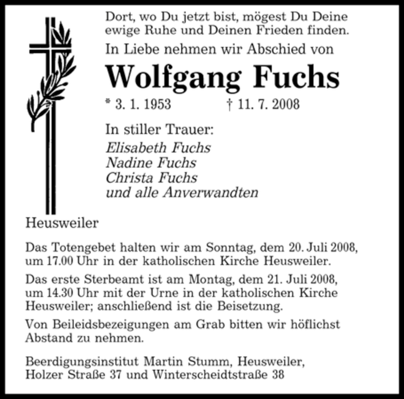  Traueranzeige für Wolfgang Fuchs vom 17.07.2008 aus SAARBRÜCKER ZEITUNG