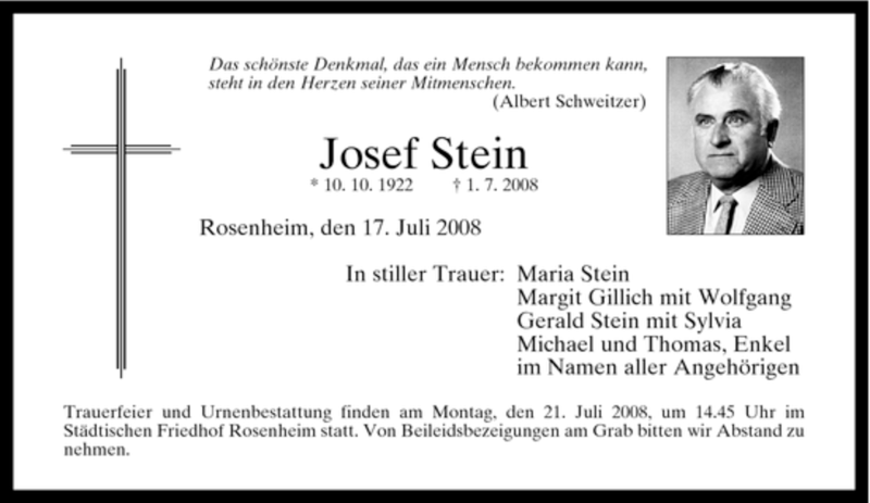  Traueranzeige für Josef Stein vom 17.07.2008 aus 