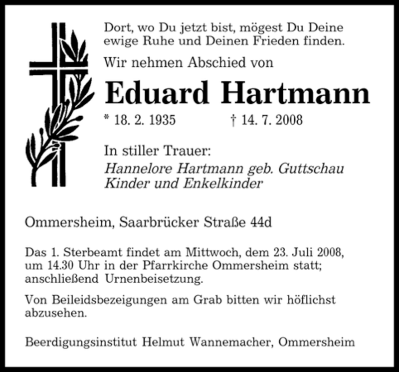  Traueranzeige für Eduard Hartmann vom 18.07.2008 aus SAARBRÜCKER ZEITUNG